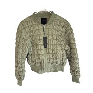 Olive Green Quilted Bomber Jacket with Ribbed Details